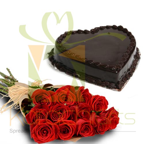 1 Dozen Red Roses With Heart Cake