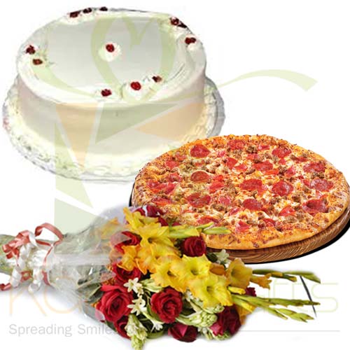 Pizza With Cake And Flowers