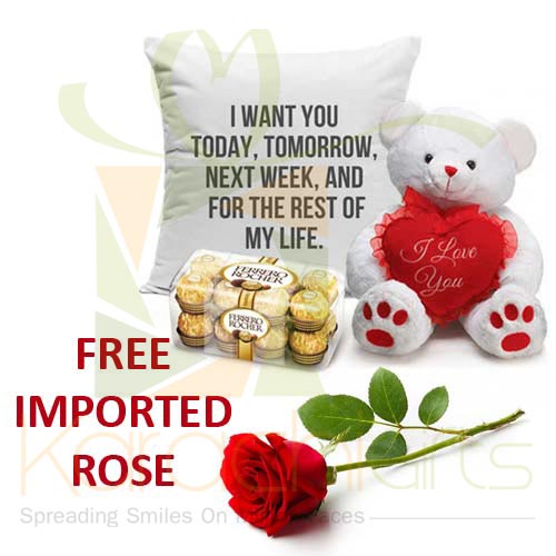 FREE Rose With Teddy, Cushion n Chocs