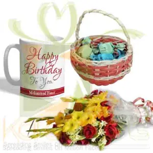 Bday Mug With Choco Basket And Flowers