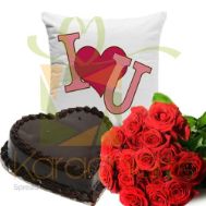 Roses With Cushion And  Heart Cake