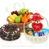 Fruits And Cake With Teddy Basket
