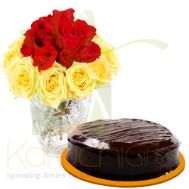 Red Yellow Roses With Cake