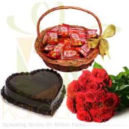 Kit Kat Basket With Heart Cake And Roses